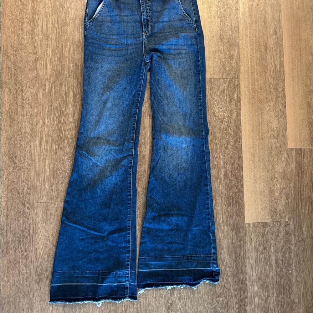 Sneak Peek Blue Flare Wide Leg Jeans with Raw Hem
